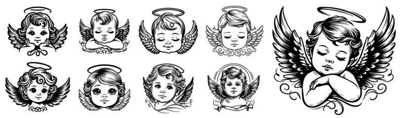 vintage cherub angel head illustrations in classic tattoo flash style art