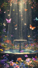 A fantasy-inspired scene of a magical garden with a glowing fountain, butterflies, and vibrant flowers.