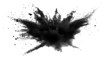 Fototapeta premium Explosive black powder burst against a white background. Closeup of black dust particles explode isolated on white background. 