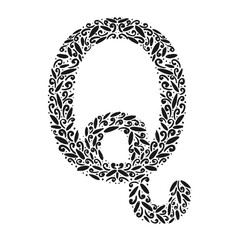 Floral botanical alphabet. Vintage hand drawn monogram letter Q. Letter with plants and flowers. Vector lettering isolated on white