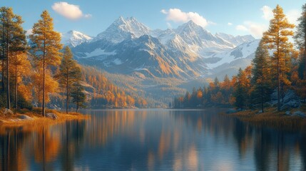 Autumn lake reflecting snowy mountains and colorful forest