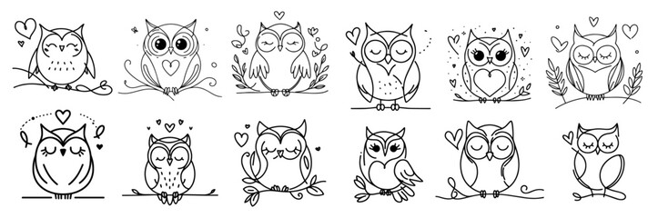 cute romantic owl illustrations in minimalist black line vector