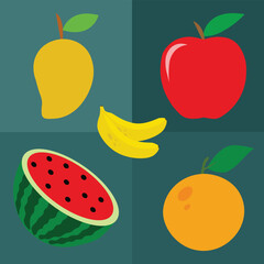 vector illustration of various fruits, apple, banana, mango, watermelon, and orange icon