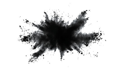 Explosive black powder burst against a white background. Closeup of black dust particles explode isolated on white background.	