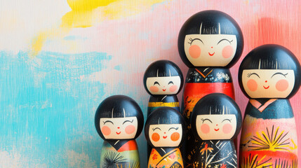 Smiling Wooden Japanese Dolls on Colorful Background