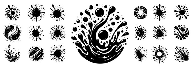 fluid circular splash and ink drop icon set in artistic style