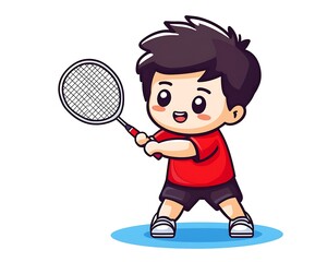 Cute boy badminton player cartoon, action pose, white background, sport illustration