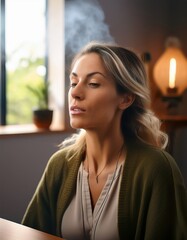 A woman enjoys a moment of relaxation, breathing in the calming atmosphere of a modern space.