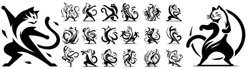abstract cat poses and feline movements drawn in stylized black silhouette vector format