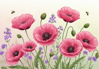 Beautiful pink poppies and lavender flowers with bees buzzing in a serene garden setting