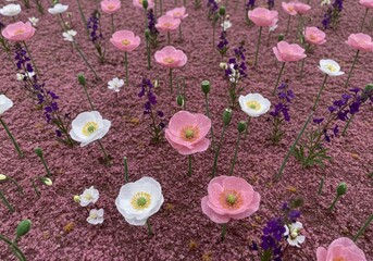 Colorful bloom of pink and white flowers with vibrant purple accents in a textured garden landscape