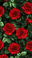 A dense collection of red roses amongst green leaves appears