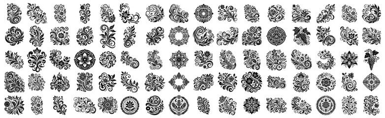 floral mandala and ornamental element set in detailed engraving style