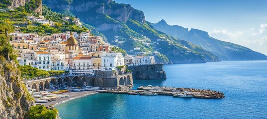 A breathtaking panoramic view of Amalfi, nestled on hills sloping toward the coast in Campania, Italy. The Amalfi Coast is Europe's most sought-after travel and holiday destination
