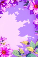 Brightly colored floral border with vibrant pink flowers and green leaves against a soft purple background