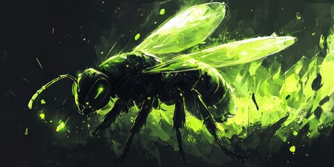 A glowing digital artwork presents a neon green insect creature