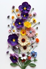 Colorful arrangement of spring flowers including pansies, daisies, and gerbera in vibrant shades of purple, pink, and yellow