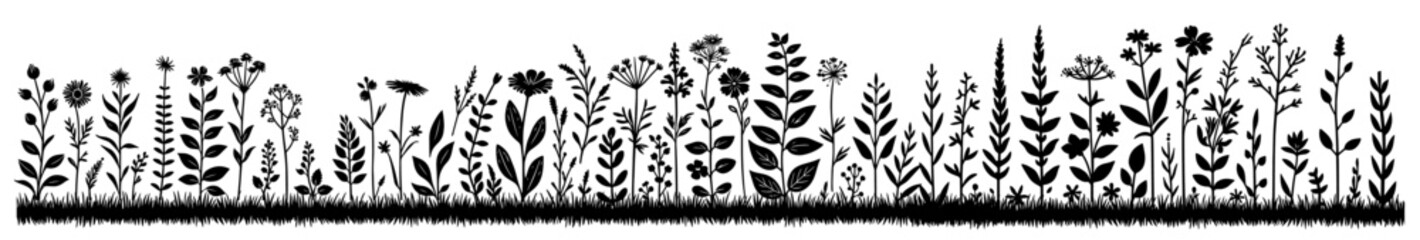 black and white floral border with wildflowers and leaves hand drawn illustration