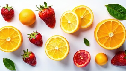 Assortment of organic fruits on white background, eating, ripe, healthy food