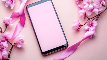 Phone mockup with ribbon and pink floral background