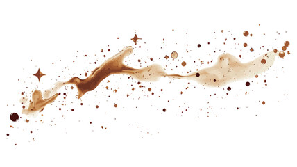 High-resolution close-up image of a coffee splash against a pure white background. The splash is predominantly brown and beige, showing varying shades of intensity. The liquid is dynamically