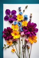 Collection of vibrant flowers arranged artistically on a teal background in natural light
