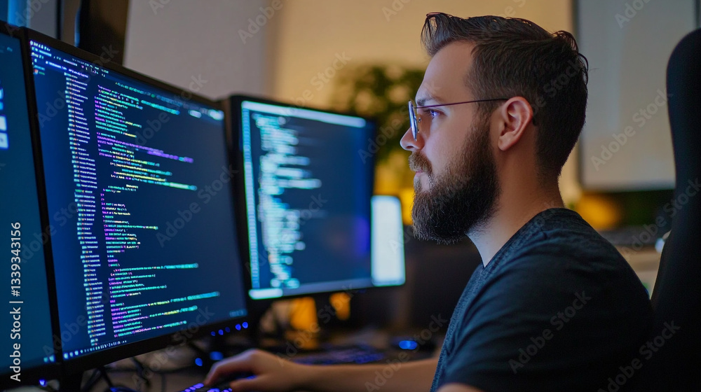Poster illuminated screens guide the modern coder in the late night development surge