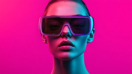 A futuristic cyberpunk fashion model wearing neon-lit clothing, holographic sunglasses, and metallic accessories, urban night background, ultra-HD, high-tech streetwear aesthetic