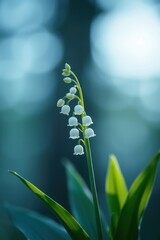 Delicate white lilies of the valley bloom against a soft blue background in a tranquil setting