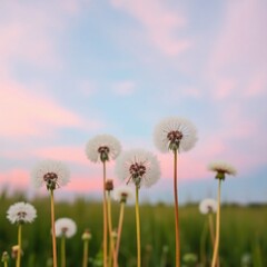 Beautiful field of dandelions against a pastel sunset sky in rural landscape
