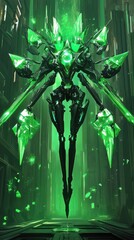 A futuristic mechanical being with glowing green crystal structures