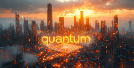 Fototapeta premium A vibrant city skyline displays advanced quantum technology amid towering buildings.