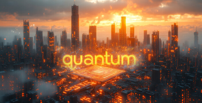 A vibrant city skyline displays advanced quantum technology amid towering buildings.