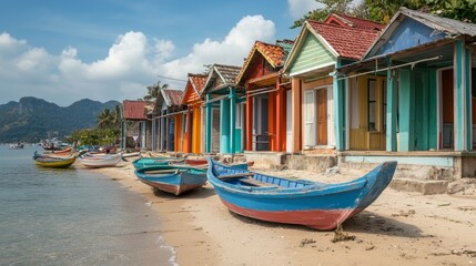 A row of colorful fisherman huts along a coastal village.