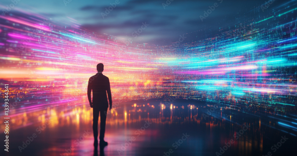 Poster a figure stands before a vibrant display of digital streams, symbolizing the fusion of technology an