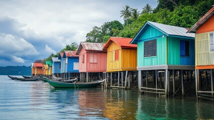 Fototapeta premium A row of colorful fisherman huts along a coastal village.