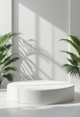 A clean, circular podium sits in a well-lit room surrounded by lush green plants. Natural light creates soft shadows on the wall, enhancing the serene atmosphere of the space