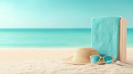 Summertime essentials on sandy beach with towel, straw hat, and sunglasses arranged for relaxation.