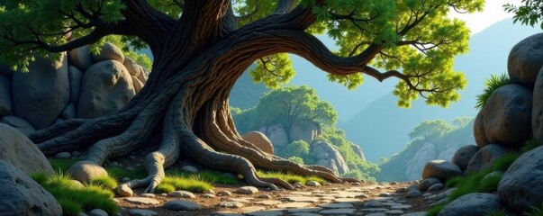 Ancient tree with gnarled branches and roots visible on a rugged stone ground, ancient, earthy