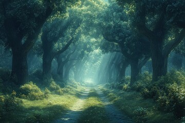 Dreamy Interpretation of a Walnut Forest With Soft Light and Enchanting Hues in a Tranquil Setting