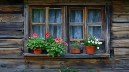 A rustic wooden cottage with flower pots on the windowsill. 