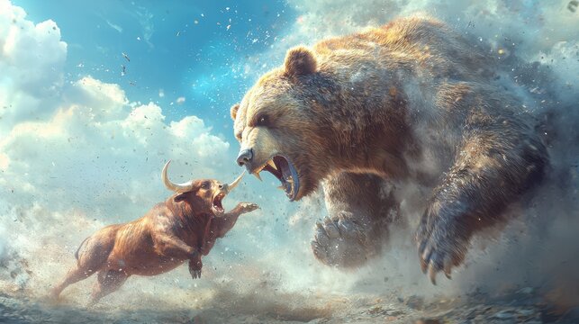 Powerful Brown Bear Swiping Claw at Raging Bull in Epic Battle Scene with Dust and Clouds