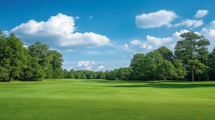 Expansive green golf course under a vibrant blue sky with fluffy clouds and lush trees