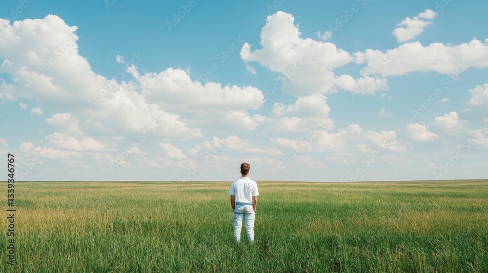 Poster a person stands in the middle of expansive fields, overlooking green and golden crops. the vast sky 