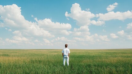 A person stands in the middle of expansive fields, overlooking green and golden crops. The vast sky is filled with fluffy clouds, symbolizing the blend of nature and modernity in agriculture.