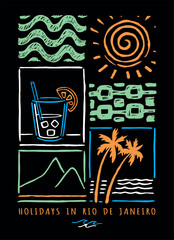 Casual style illustration of city elements from Rio de Janeiro, Brazil. Colorful art representing moments of relaxation and leisure.