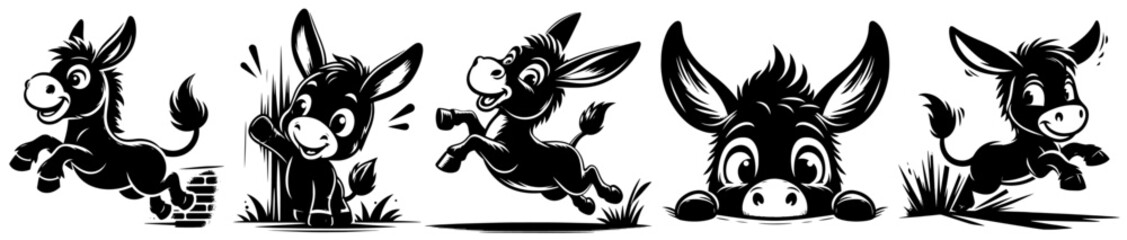 funny donkeys cartoon black and white illustration set