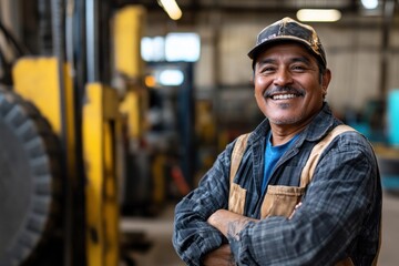 smiling native american worker in industrial workshop with machinery. concept of manual labor, craftsmanship and industry. workspace in factory. employment, car service, auto mechanic, repair