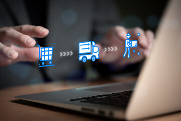Business person point and manage online e-commerce business automation logistic supply chain in...