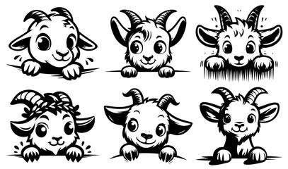 cute goat and lamb cartoon characters peeking out © Aisha Kudorova